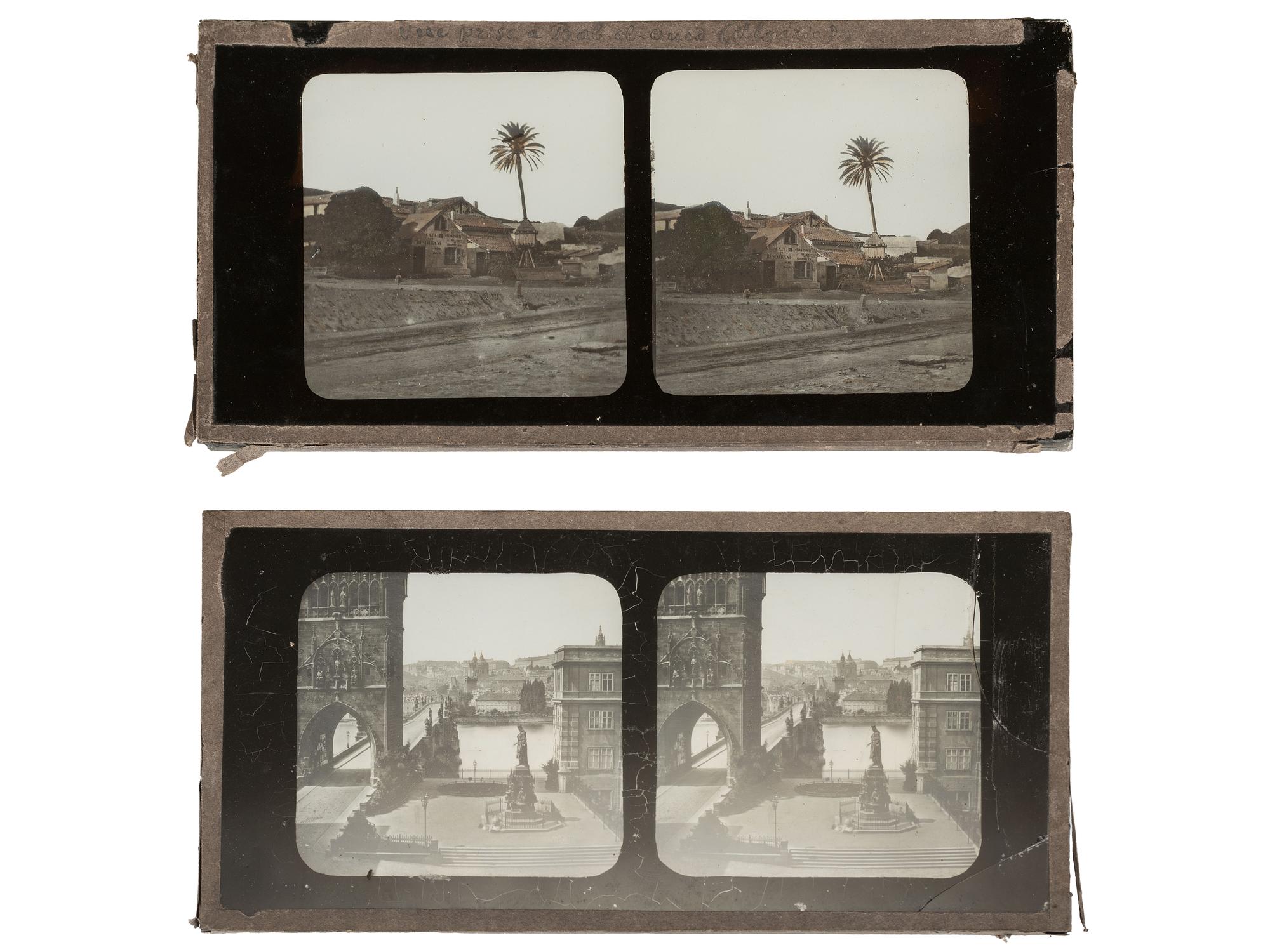 [EARLY PHOTOGRAPHY]. Group of stereoscopic glass slides documenting landscapes and towns abroad.
