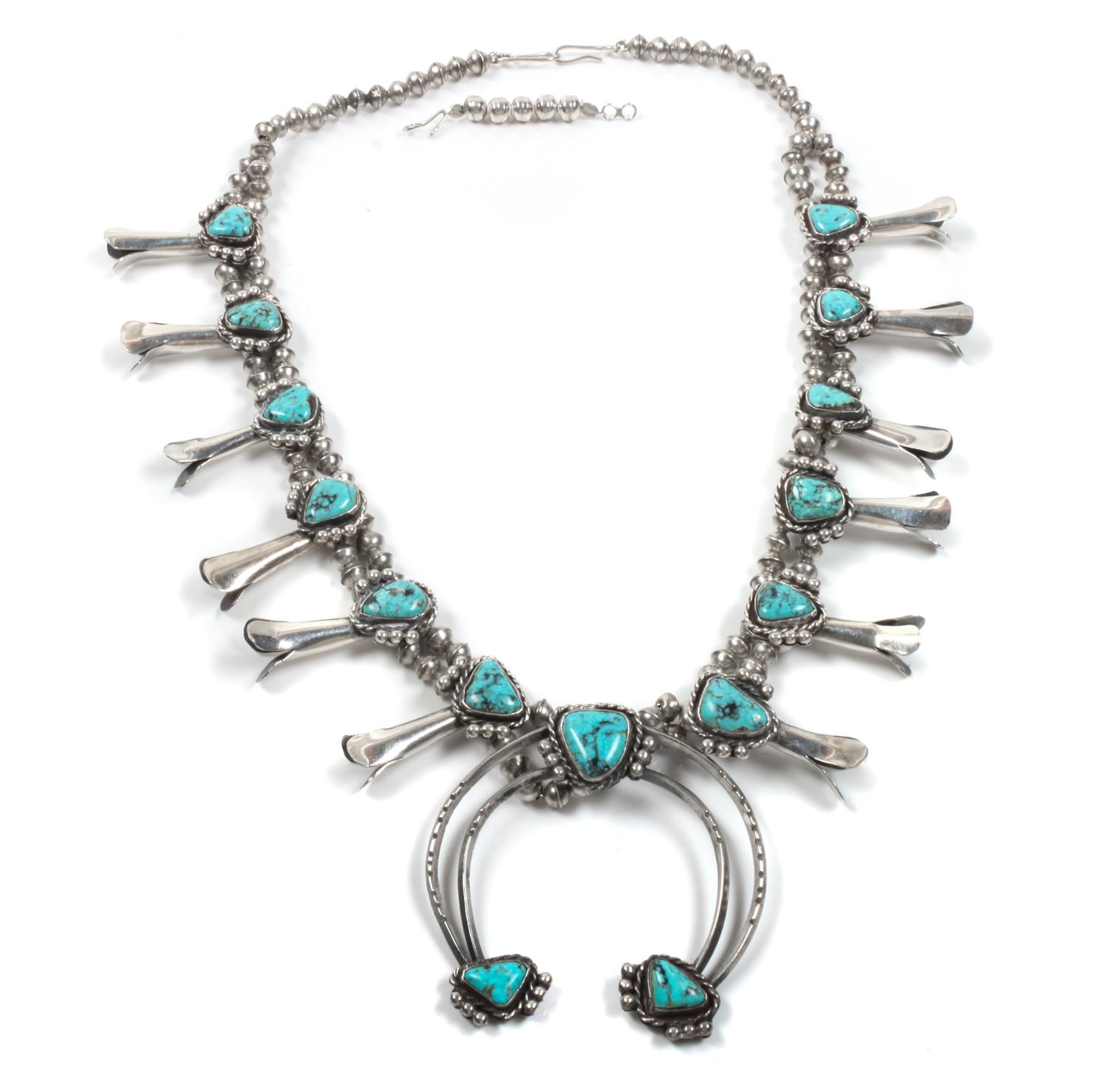 Silver and Turquoise Squash Blossom Necklace Length 24 inches