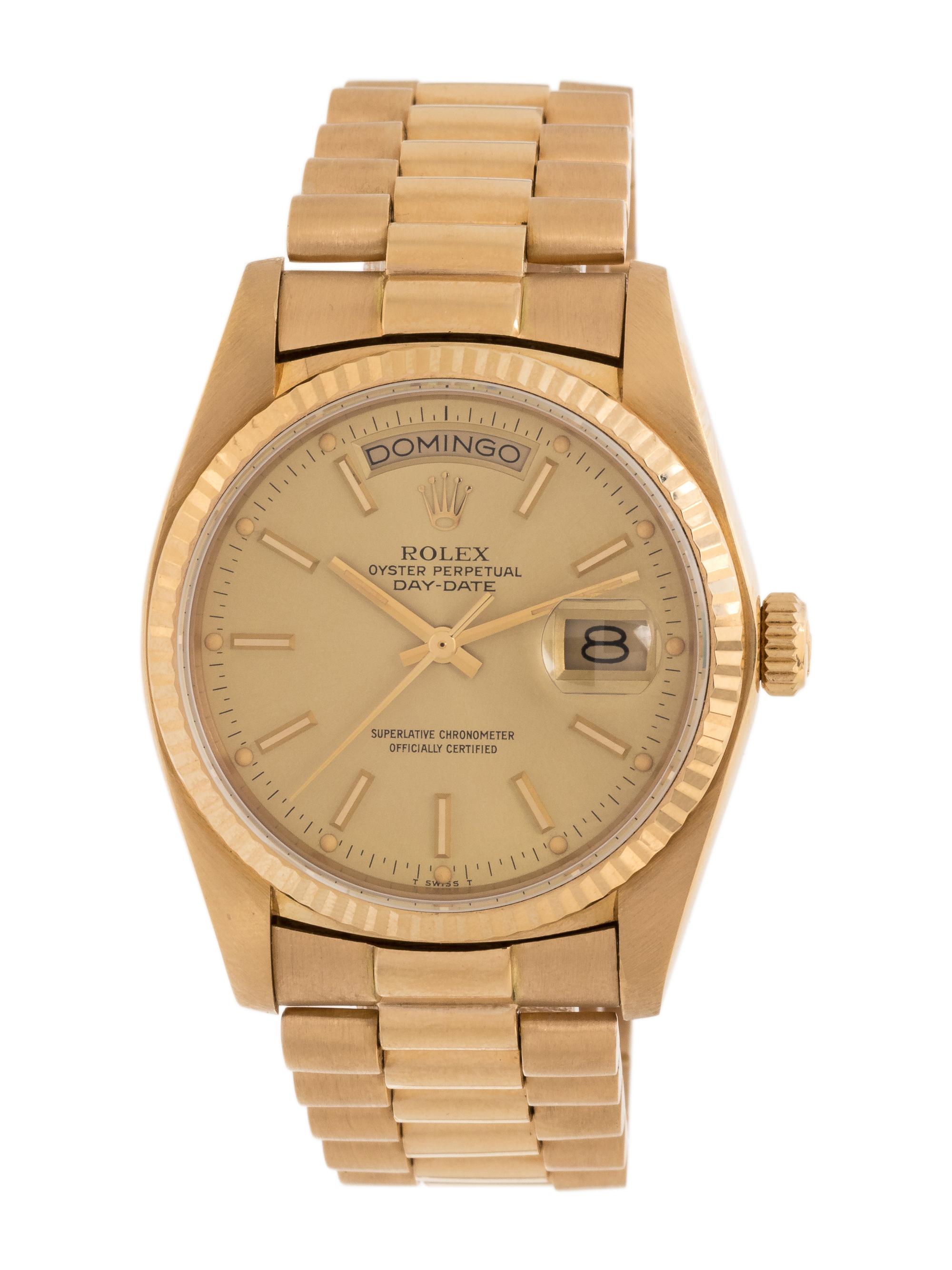 ROLEX, REF. 18038 18K YELLOW GOLD 'OYSTER-PERPETUAL SPANISH DAY DATE' WRISTWATCH, CIRCA 1982