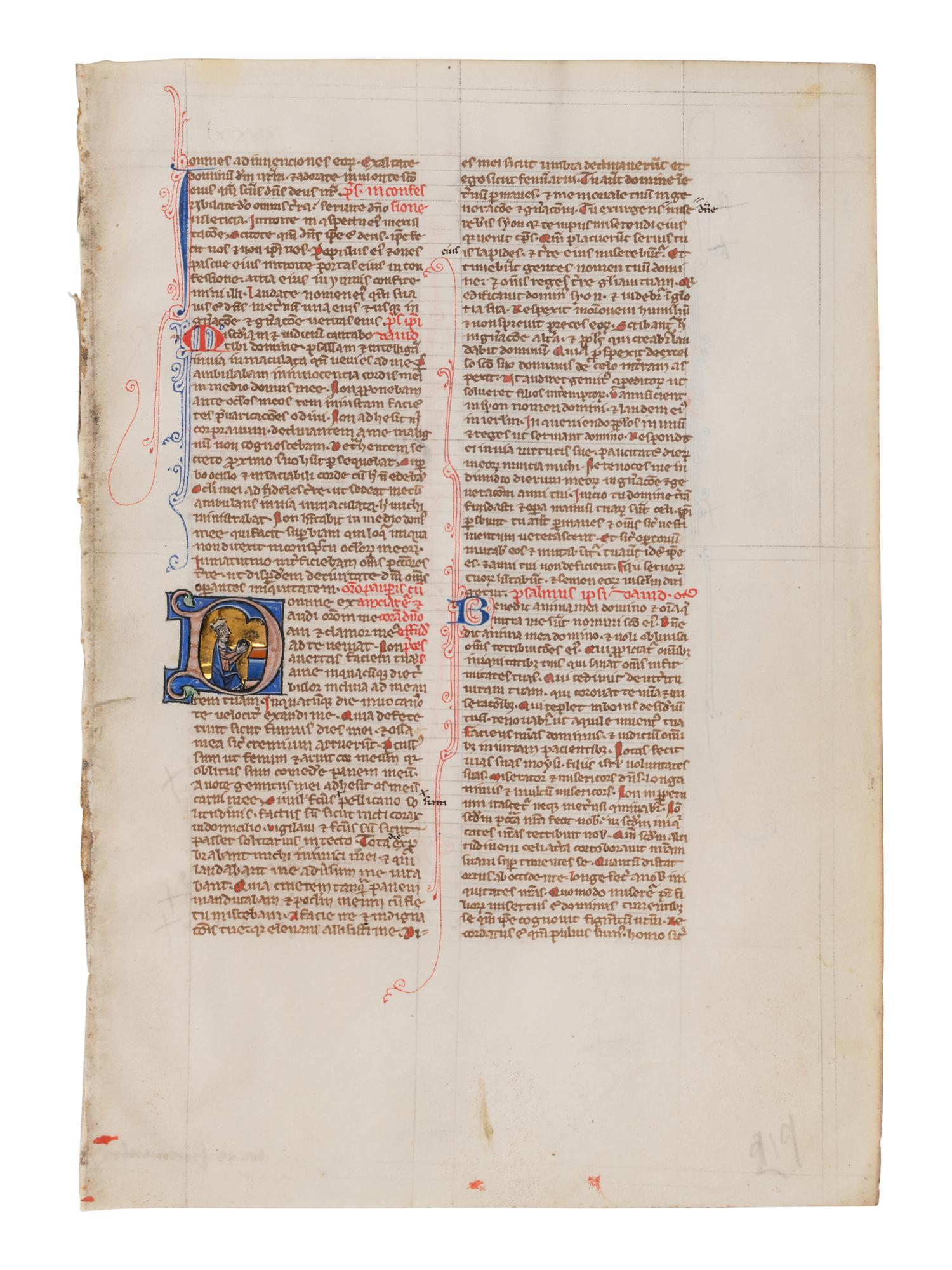 VIE DE SAINT DENIS ATELIER (active Paris, c. 1240-1260) Four leaves from a Bible, including one spectacular historiated initial ‘I’ of the Six Days of Creation and Christ Blessing, one historiated initial ‘D’ of David in Prayer, and one historiated initial D of Solomon with a rod, in Latin, illuminated manuscript on parchment [France, Paris, c. 1240-1260]