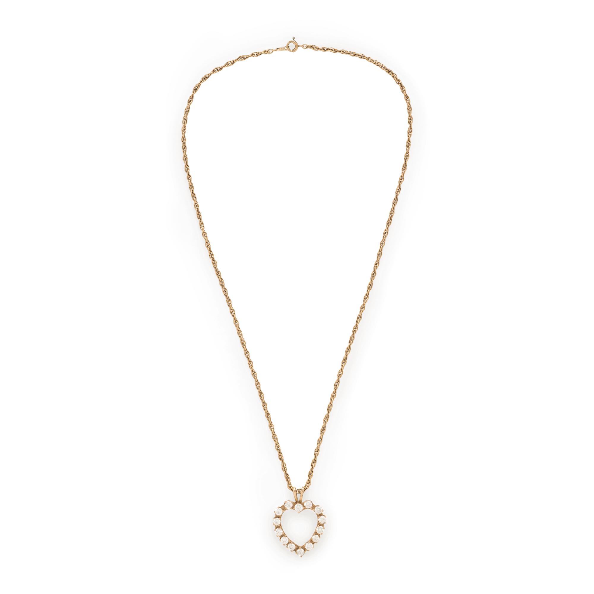 Yellow Gold and Colorless Crystal Heart Pendant Necklace