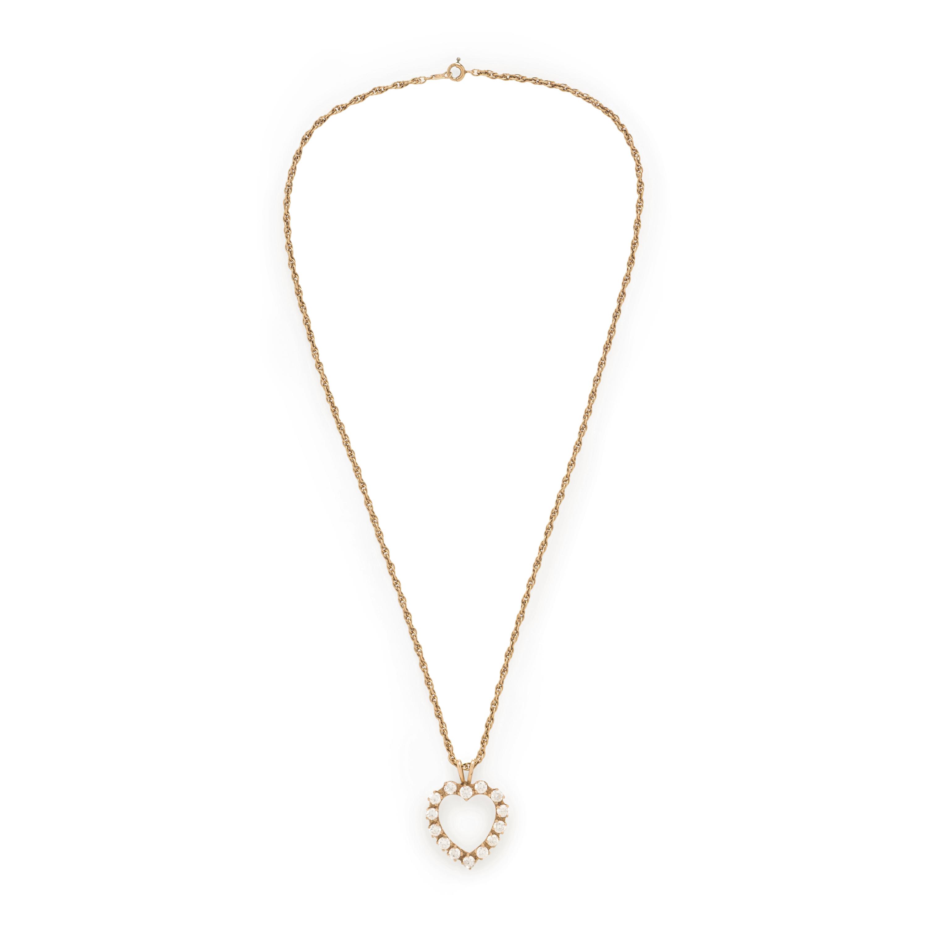 Yellow Gold and Colorless Crystal Heart Pendant Necklace