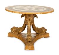 An Italian Design Pietra Dura Center Table with Carved Giltwood Dolphin Base