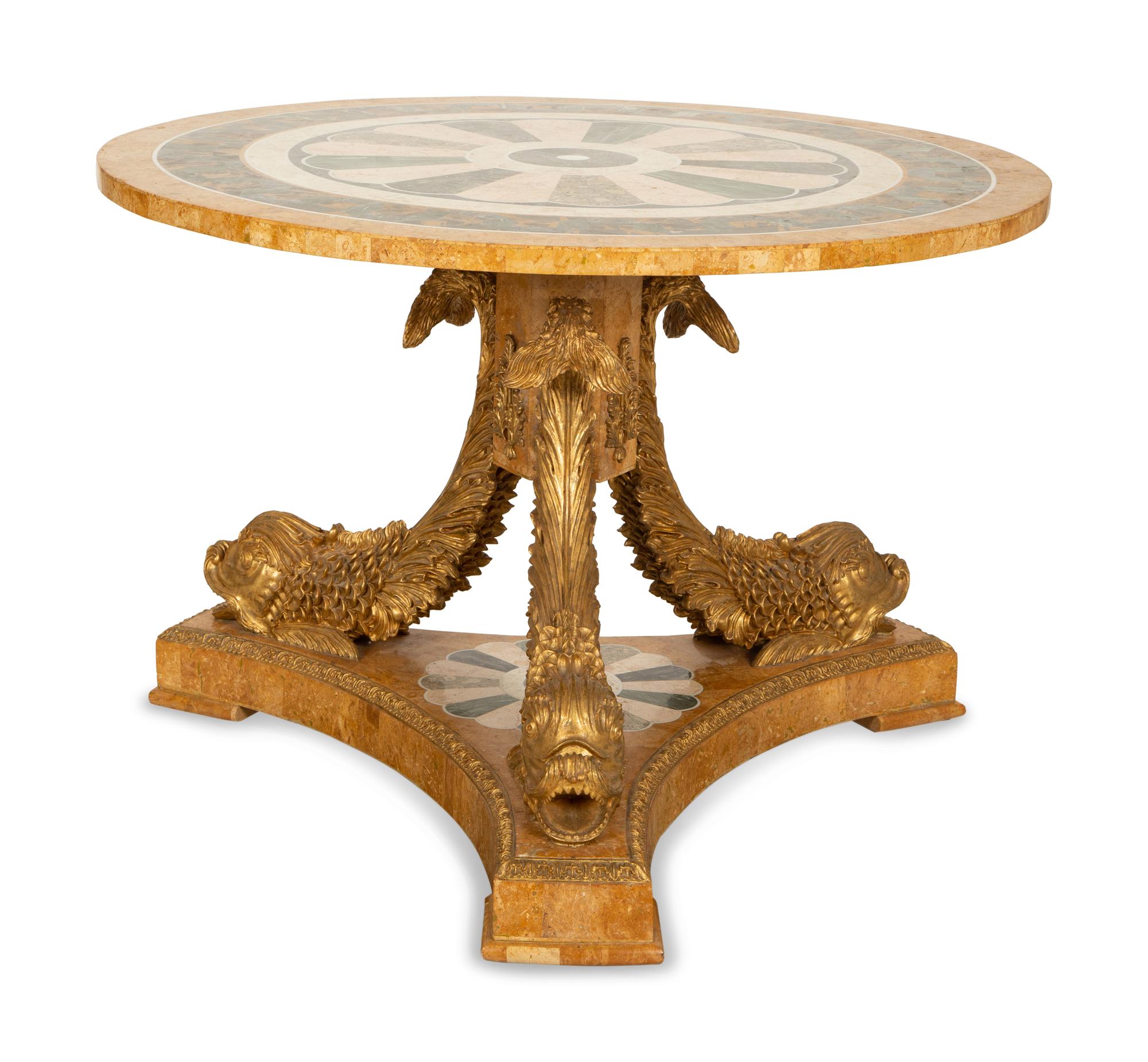 An Italian Design Pietra Dura Center Table with Carved Giltwood Dolphin Base