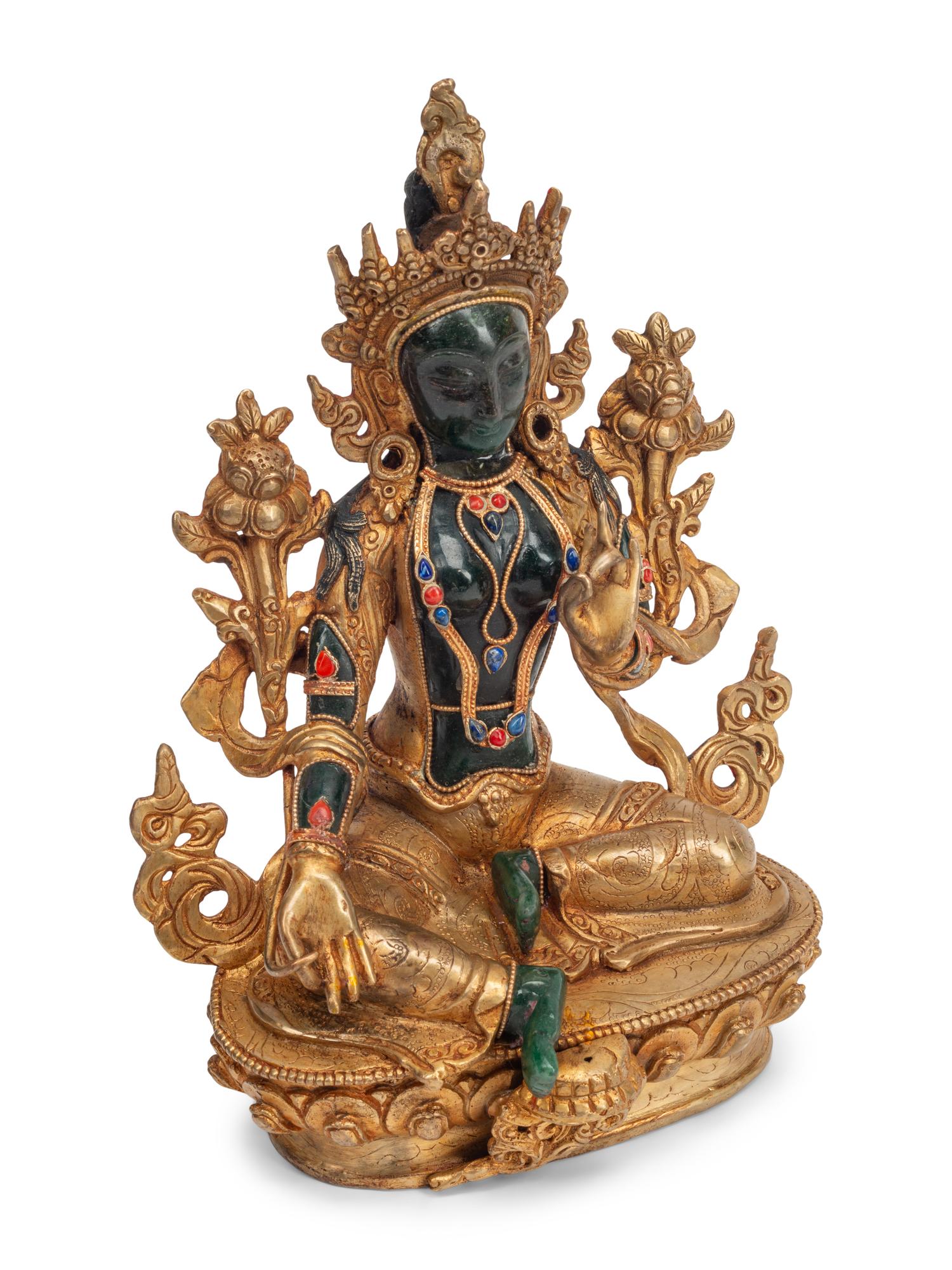 A Southeast Asian Semiprecious Stone-Inset Gilt Bronze Seated Deity