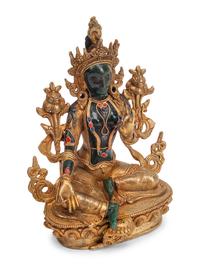 A Southeast Asian Semiprecious Stone-Inset Gilt Bronze Seated Deity