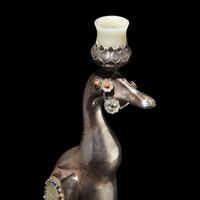 A Chinese Jade and Hardstone Inset Silver 'Duck' Candle Holder, Late 19th-Early 20th Century — 晚清-民國 銀鑲玉嵌寳鴨形燭臺