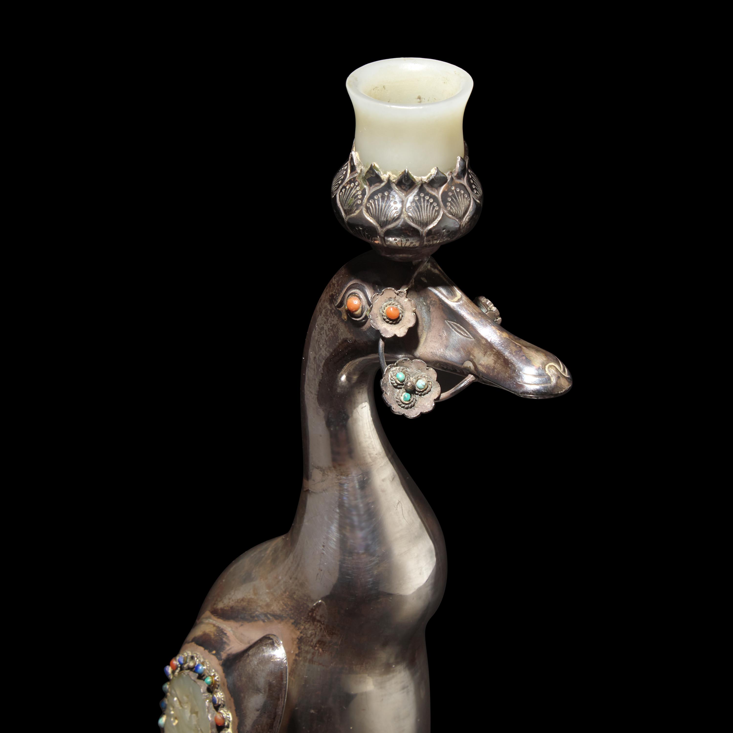 A Chinese Jade and Hardstone Inset Silver 'Duck' Candle Holder, Late 19th-Early 20th Century — 晚清-民國 銀鑲玉嵌寳鴨形燭臺