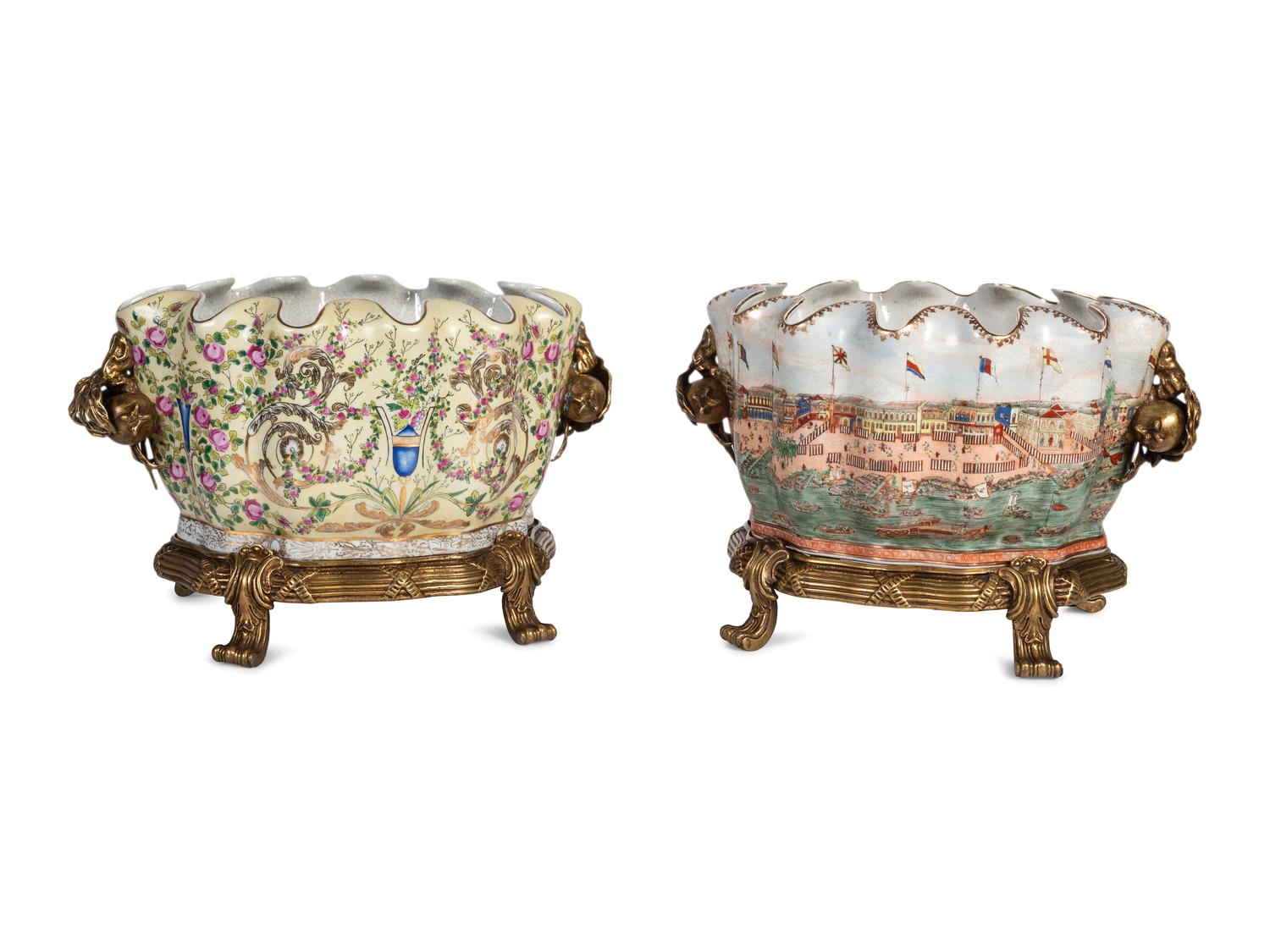 A Pair of United Wilson Gilt Metal Mounted Scalloped Porcelain Jardinieres