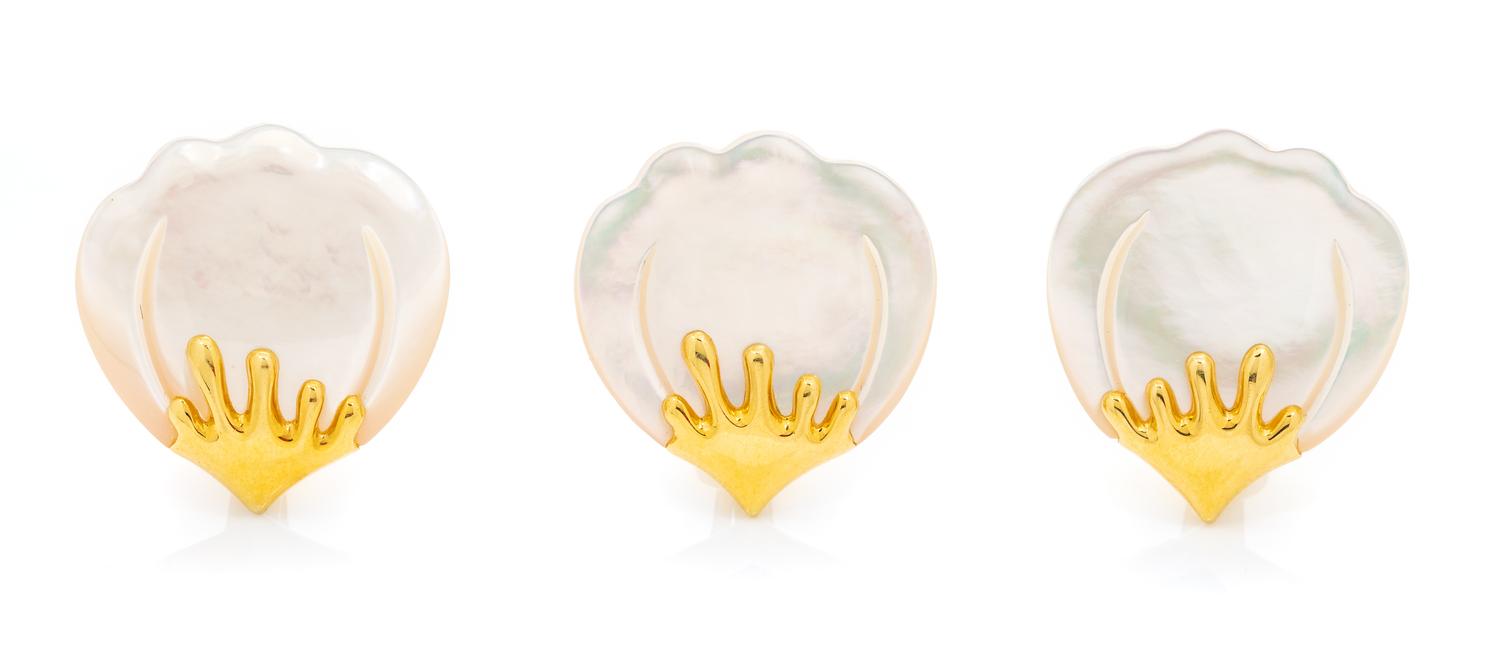 A Collection of 18 Karat Yellow Gold and Mother-of-Pearl Earclips, Angela Cummings for Tiffany & Co., Hong Kong, 13.00 dwts.