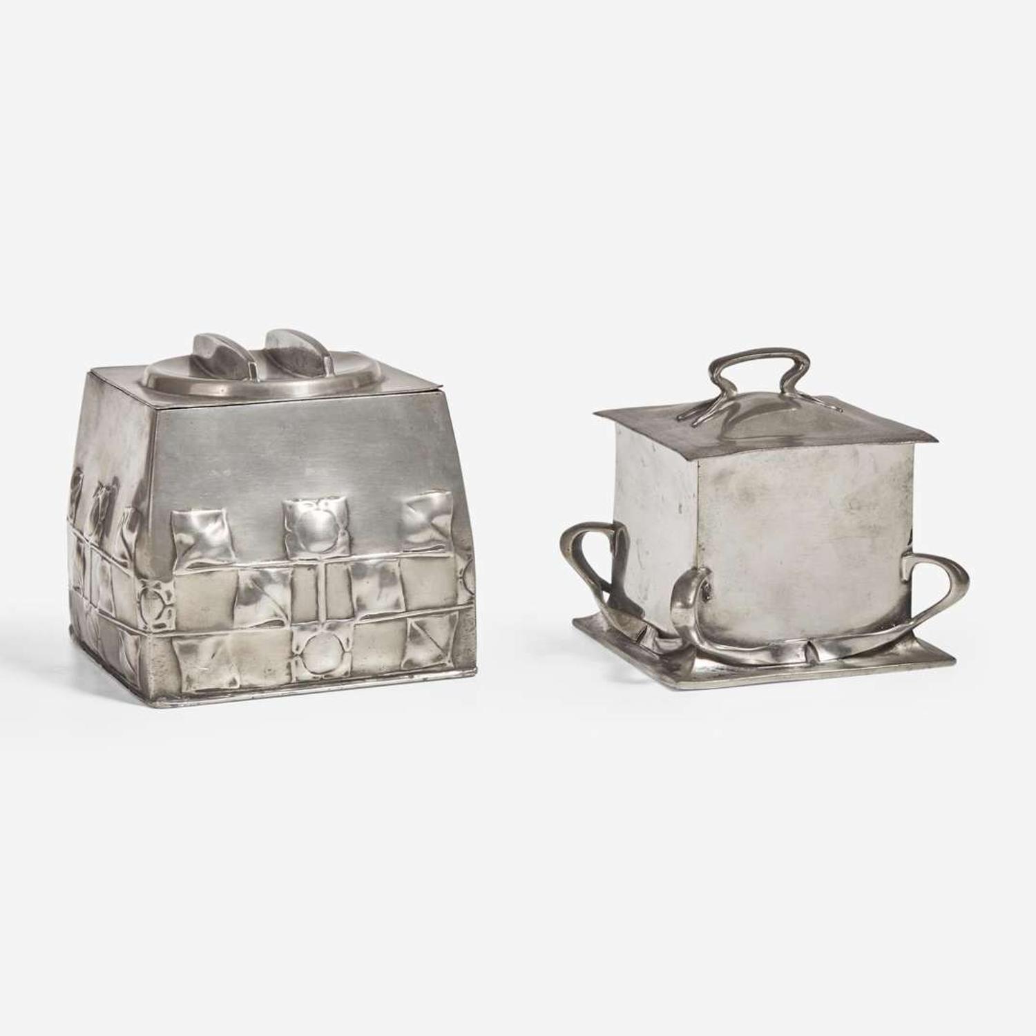 Archibald Knox and David Veasey for Liberty & Co., London Two "Tudric" Biscuit Barrels, England, circa 1900-1905
