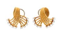 A Pair of Yellow Gold and Diamond Earclips, 8.10 dwts.