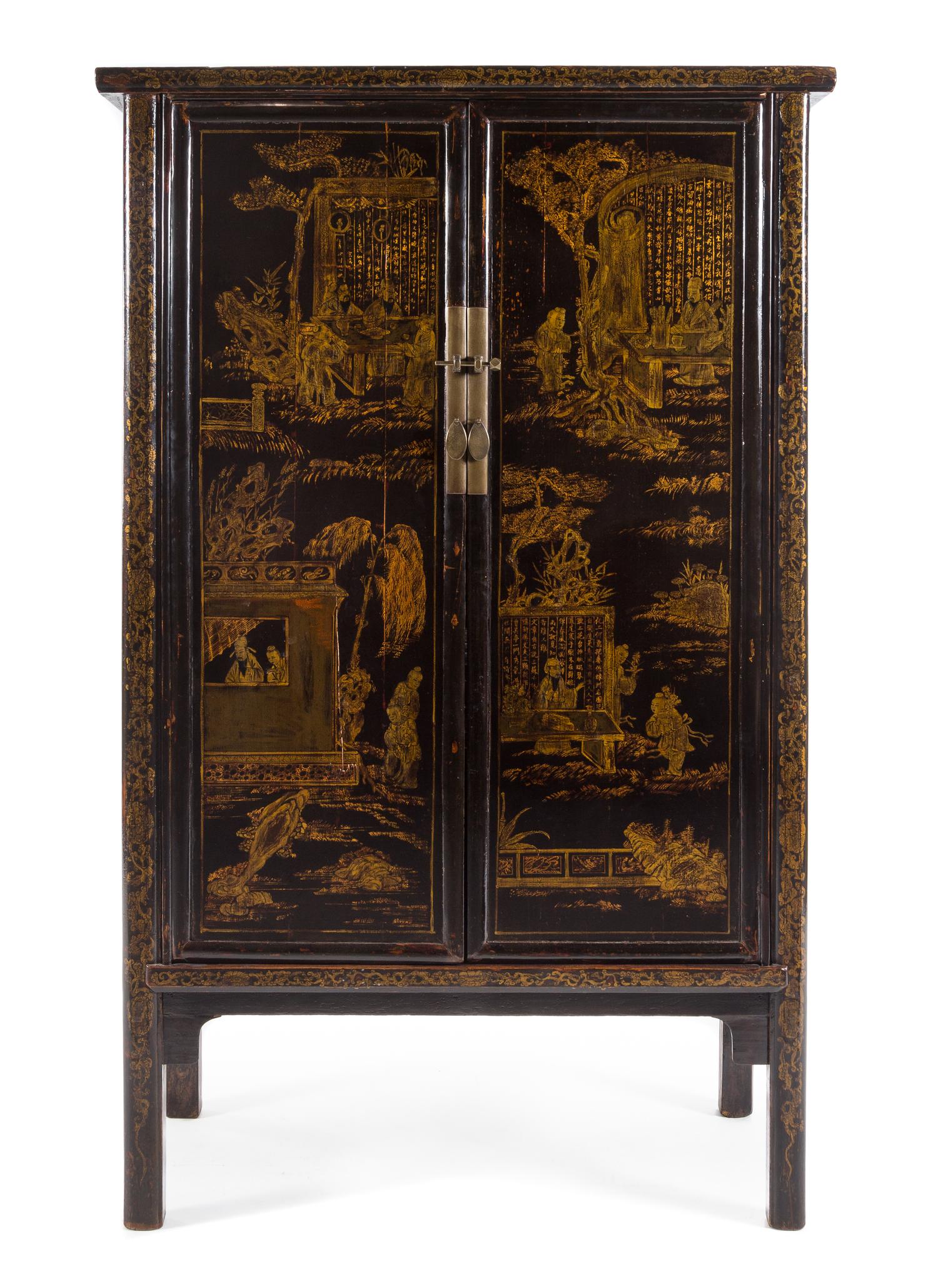 A Pair of Chinese Export Lacquered Cabinets Height 78 3/4 x width 46 1/4 x depth 20 1/2 inches. — 20TH CENTURY