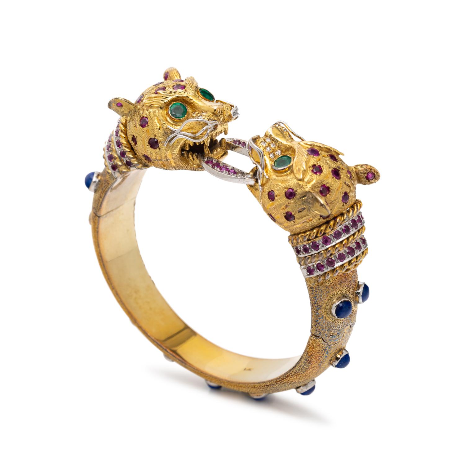 EMERALD, RUBY, DIAMOND, LAPIS LAZULI, AND YELLOW GOLD LEOPARD BANGLE BRACELET