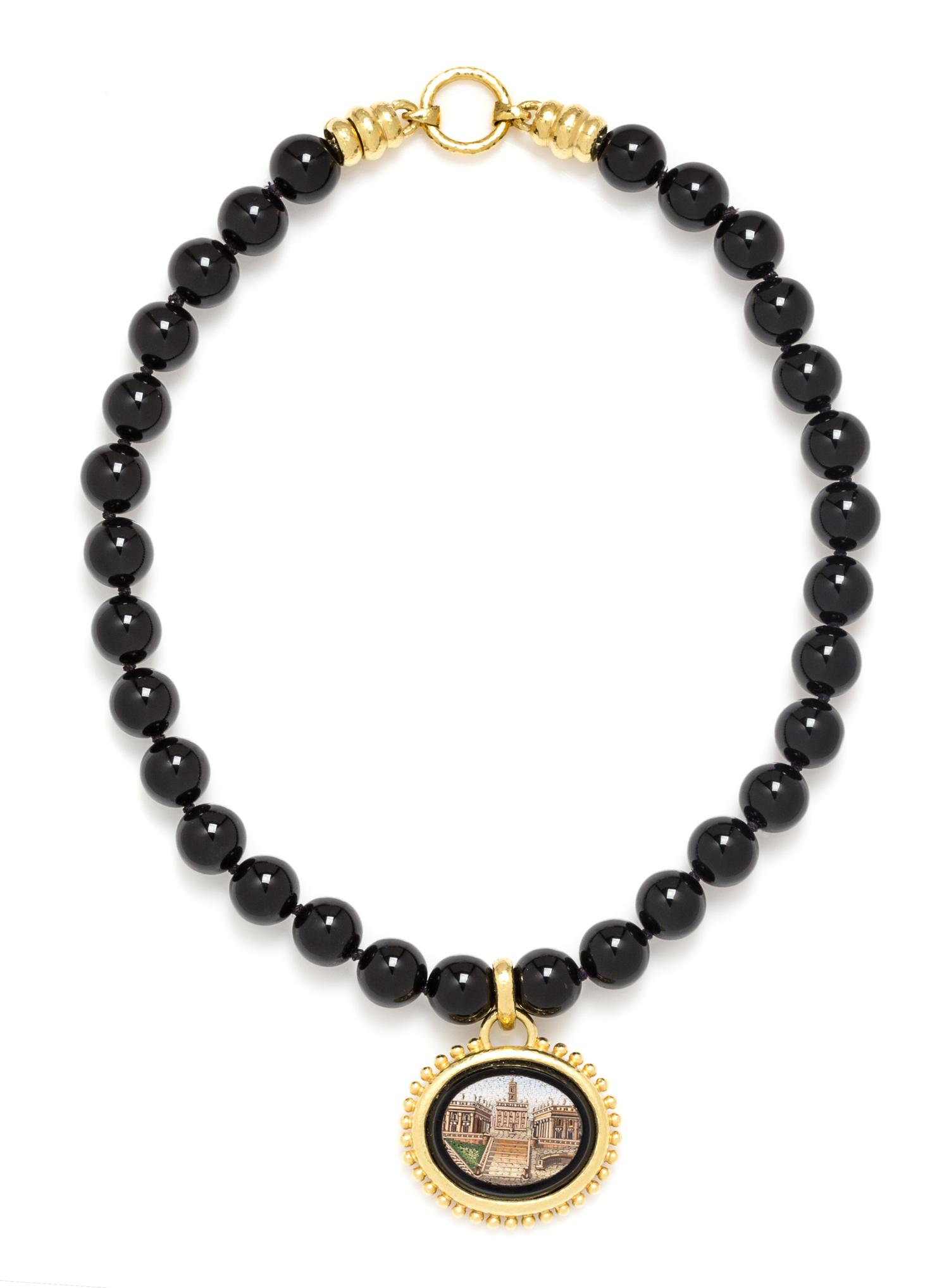 A 19 Karat Yellow Gold, Onyx Bead and Micromosaic Necklace, Elizabeth Locke, 75.00 dwts.
