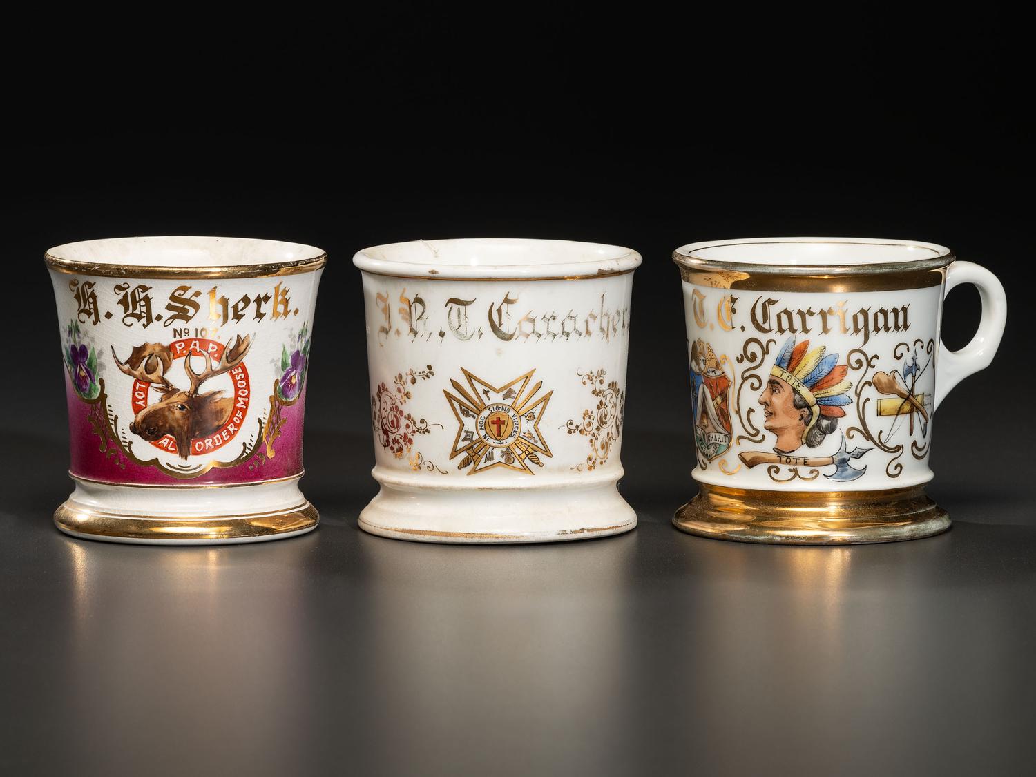 Three Fraternal Porcelain Shaving Mugs