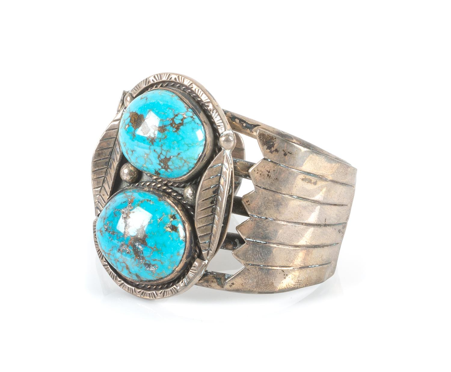 Southwestern Silver and Tourquoise Cuff Bracelet Length 5 1/4 x opening 1 x width 2 inches