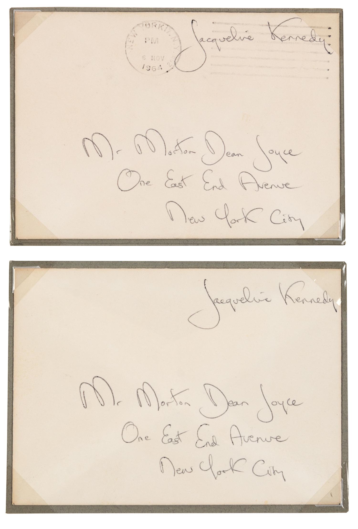 KENNEDY, Jacqueline (1929-1994), First Lady. Autograph free frank ("Jacqueline Kennedy"), on an envelope addressed in her hand. To Mr. Morton Dean Joyce, postmarked New York, NY, 6 November 1964.