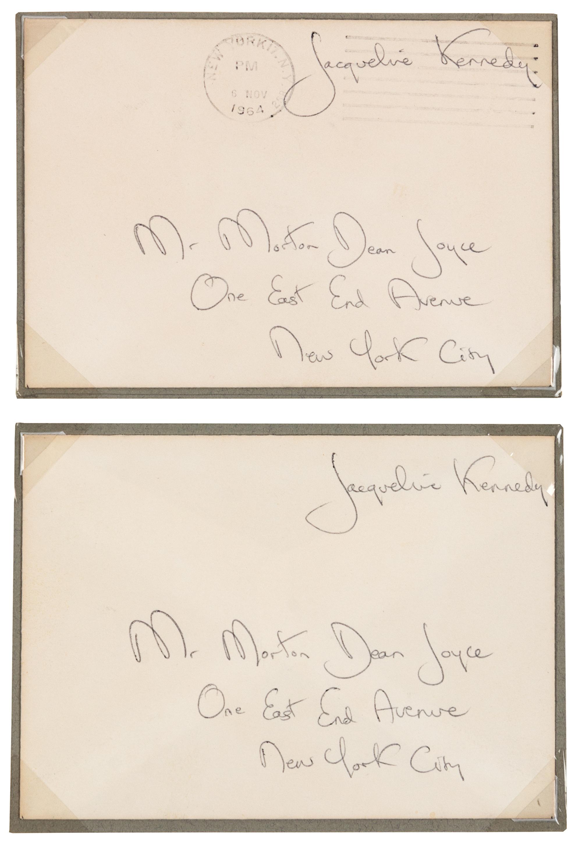 KENNEDY, Jacqueline (1929-1994), First Lady. Autograph free frank ("Jacqueline Kennedy"), on an envelope addressed in her hand. To Mr. Morton Dean Joyce, postmarked New York, NY, 6 November 1964.