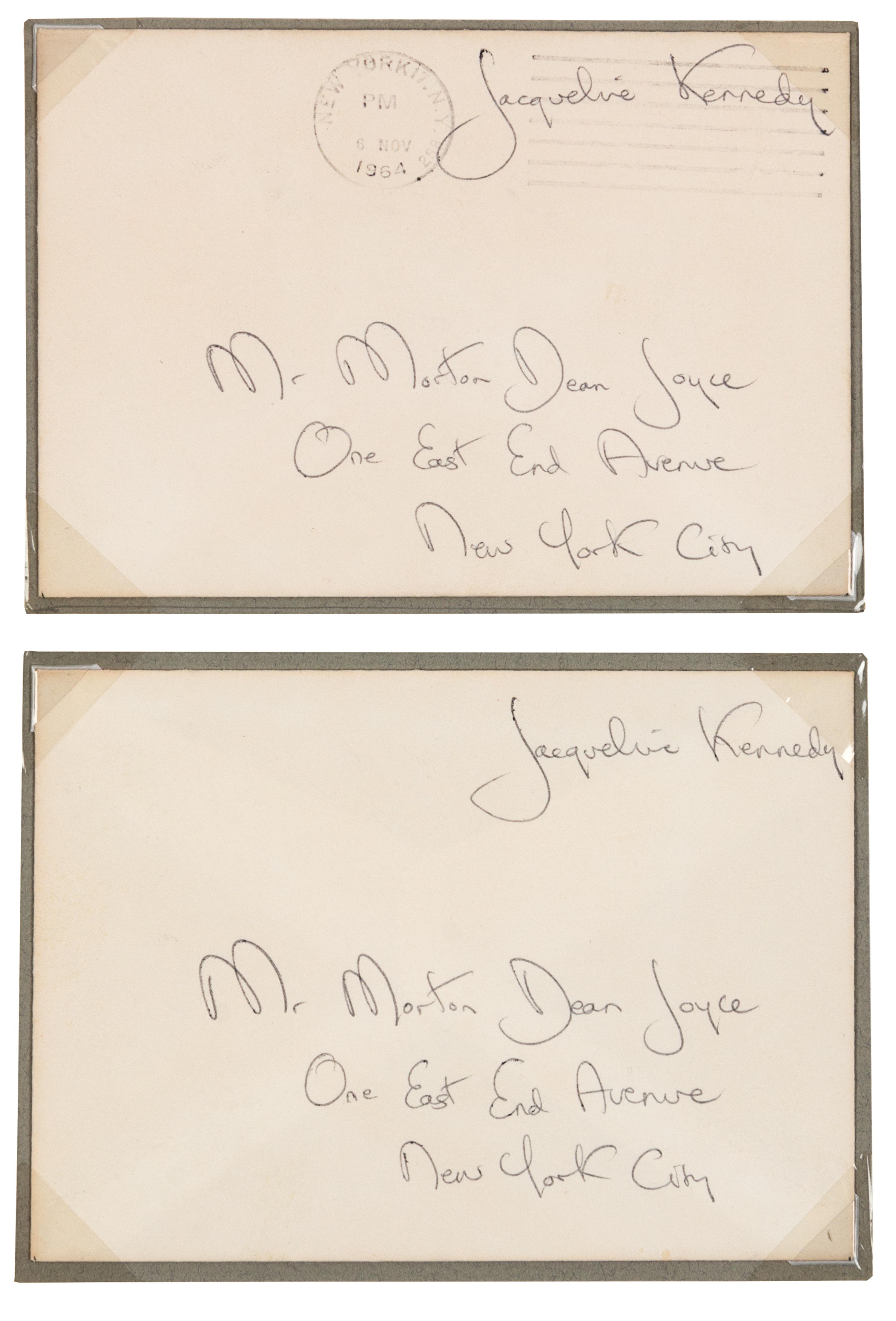 KENNEDY, Jacqueline (1929-1994), First Lady. Autograph free frank ("Jacqueline Kennedy"), on an envelope addressed in her hand. To Mr. Morton Dean Joyce, postmarked New York, NY, 6 November 1964.