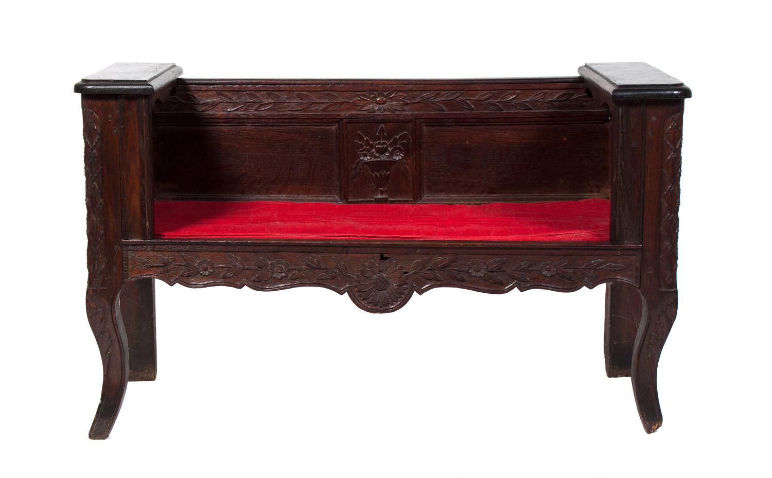 A Provincial Oak Bench Height 28 3/4 x width 47 x depth 19 inches.
