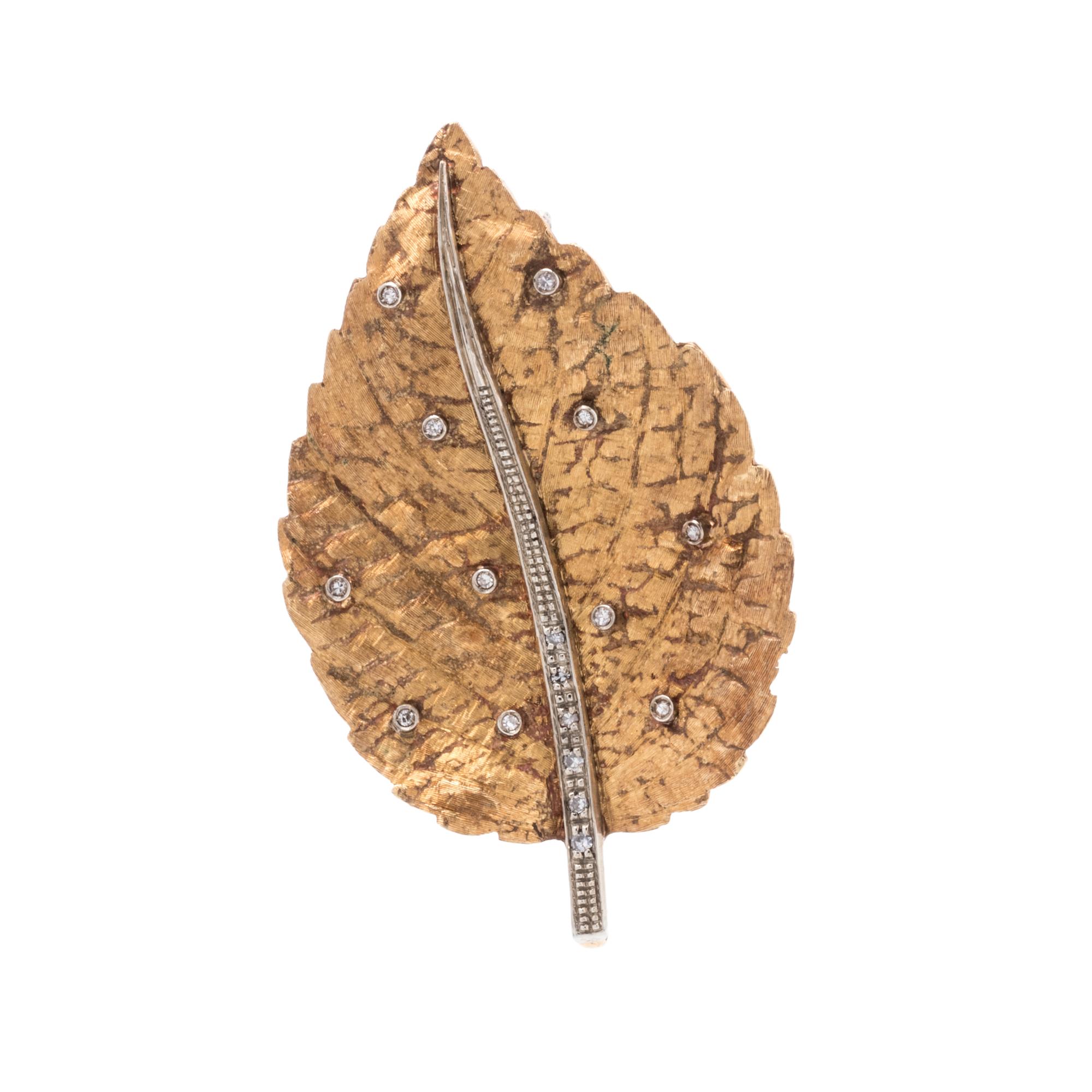 BICOLOR GOLD AND DIAMOND LEAF BROOCH