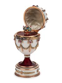 A 14 Karat Vari-Color Gold, Silver, Guilloché Enamel, Diamond, Pearl, and Cabochon Jewel-Mounted Surprise Egg
