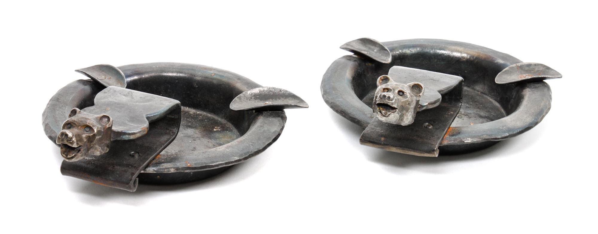 Two Wrought Iron Ash Tray with Attached Bear Motif Match Box Holders Height 3 x width 9 x depth 7 inches.