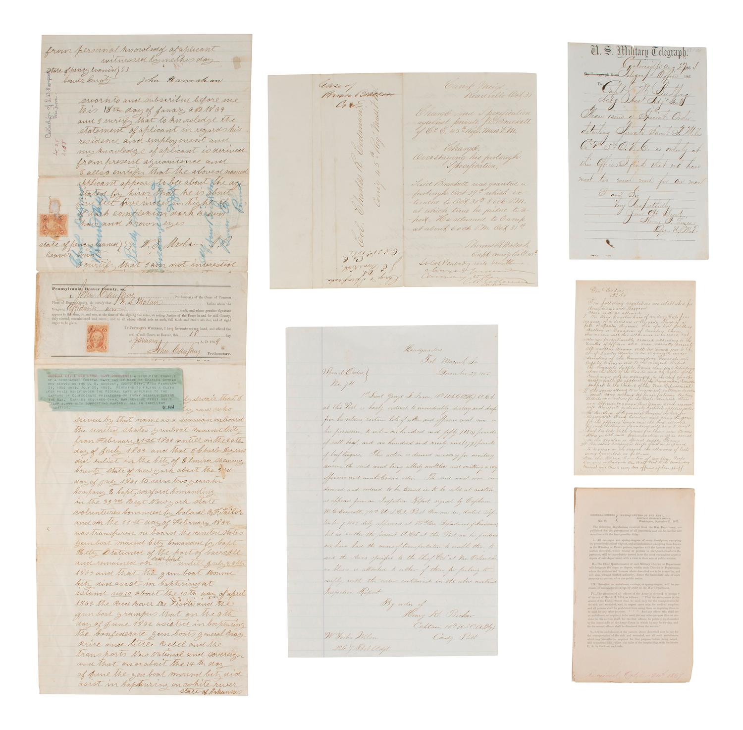 [CIVIL WAR]. Group of Civil War documents incl. muster roll, discharge papers, and more.