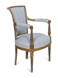 A Directoire Green-Painted and Parcel Gilt Fauteuil en Cabriolet
