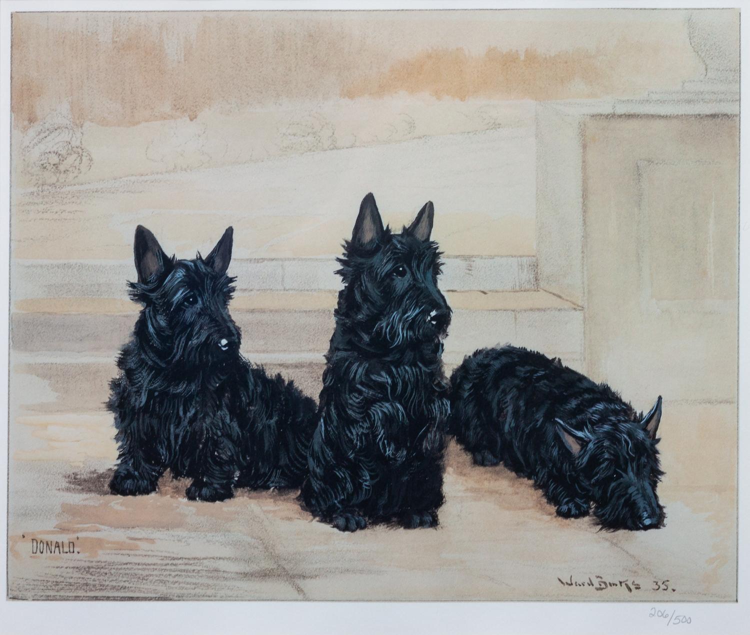 Two Works of Art depicting Scottish Terriers Larger: 11 1/2 x 13 1/2 inches.