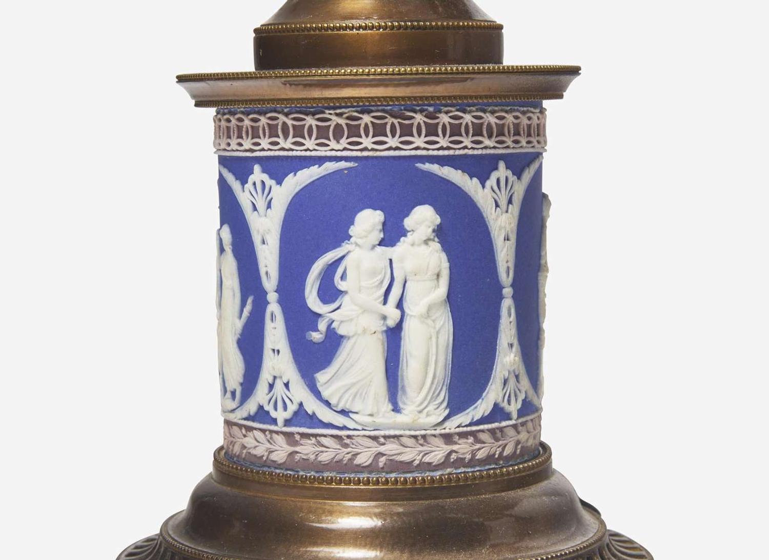 A Pair of Argand Lamps with Tricolor Jasperware Bases, UK, early 19th century