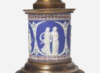 A Pair of Argand Lamps with Tricolor Jasperware Bases, UK, early 19th century