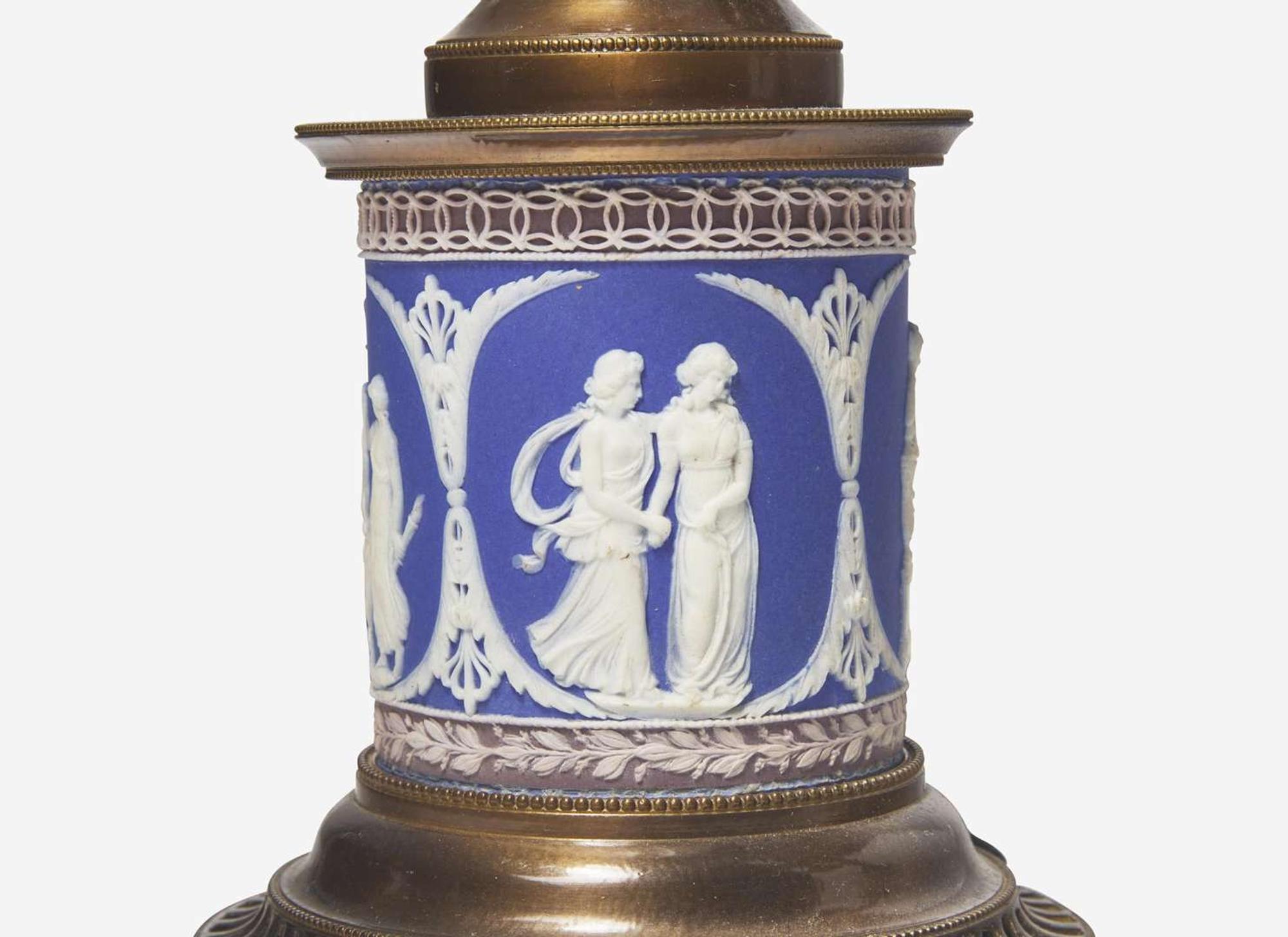 A Pair of Argand Lamps with Tricolor Jasperware Bases, UK, early 19th century