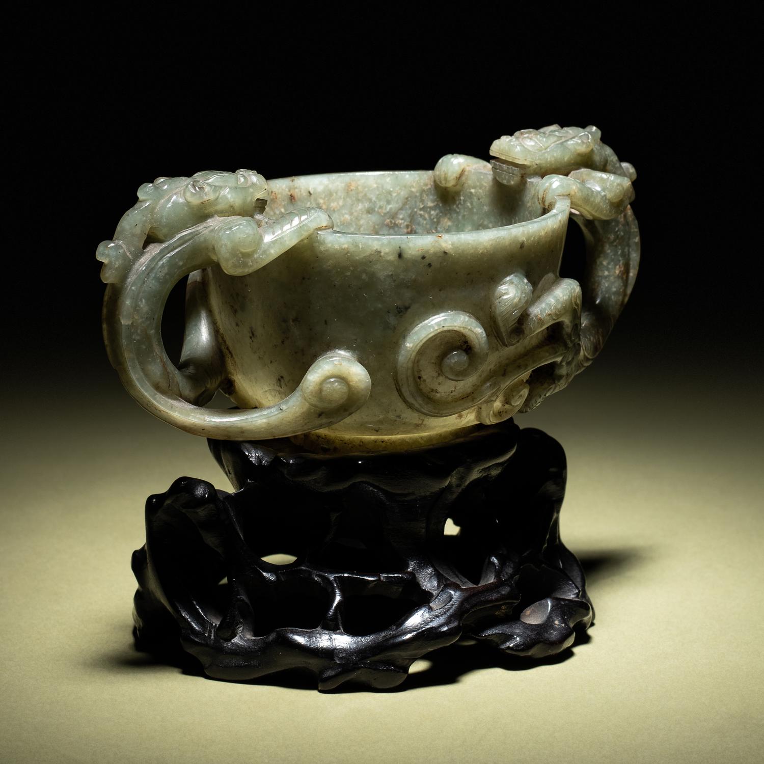 A Grey and Celadon Jade 'Dragon' Handled Cup