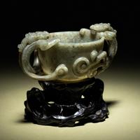 A Grey and Celadon Jade 'Dragon' Handled Cup