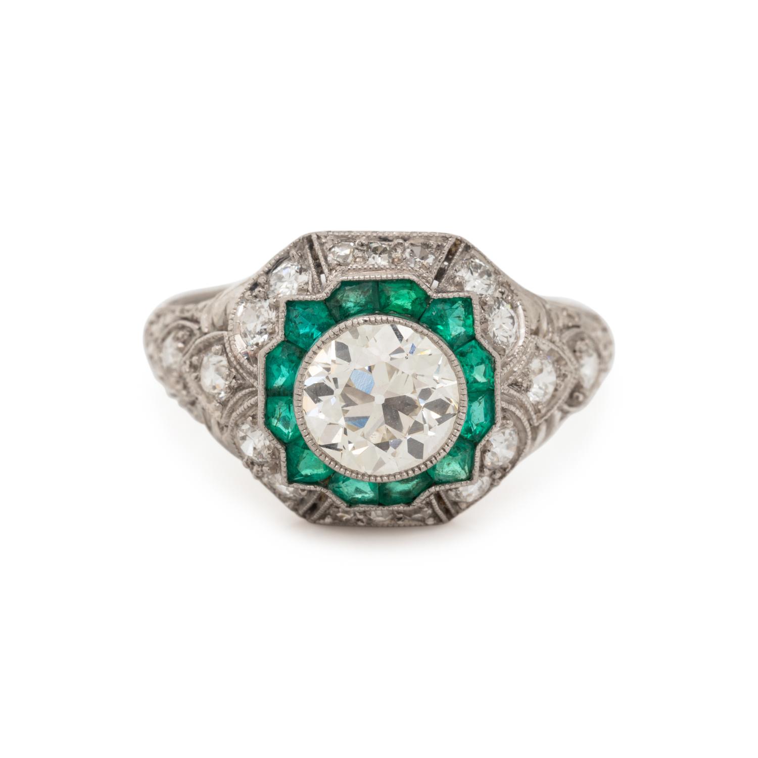 ART DECO, PLATINUM, DIAMOND AND EMERALD RING