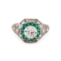 ART DECO, PLATINUM, DIAMOND AND EMERALD RING