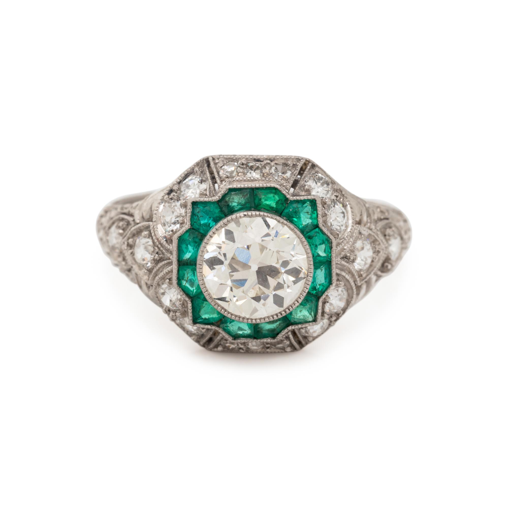 ART DECO, PLATINUM, DIAMOND AND EMERALD RING