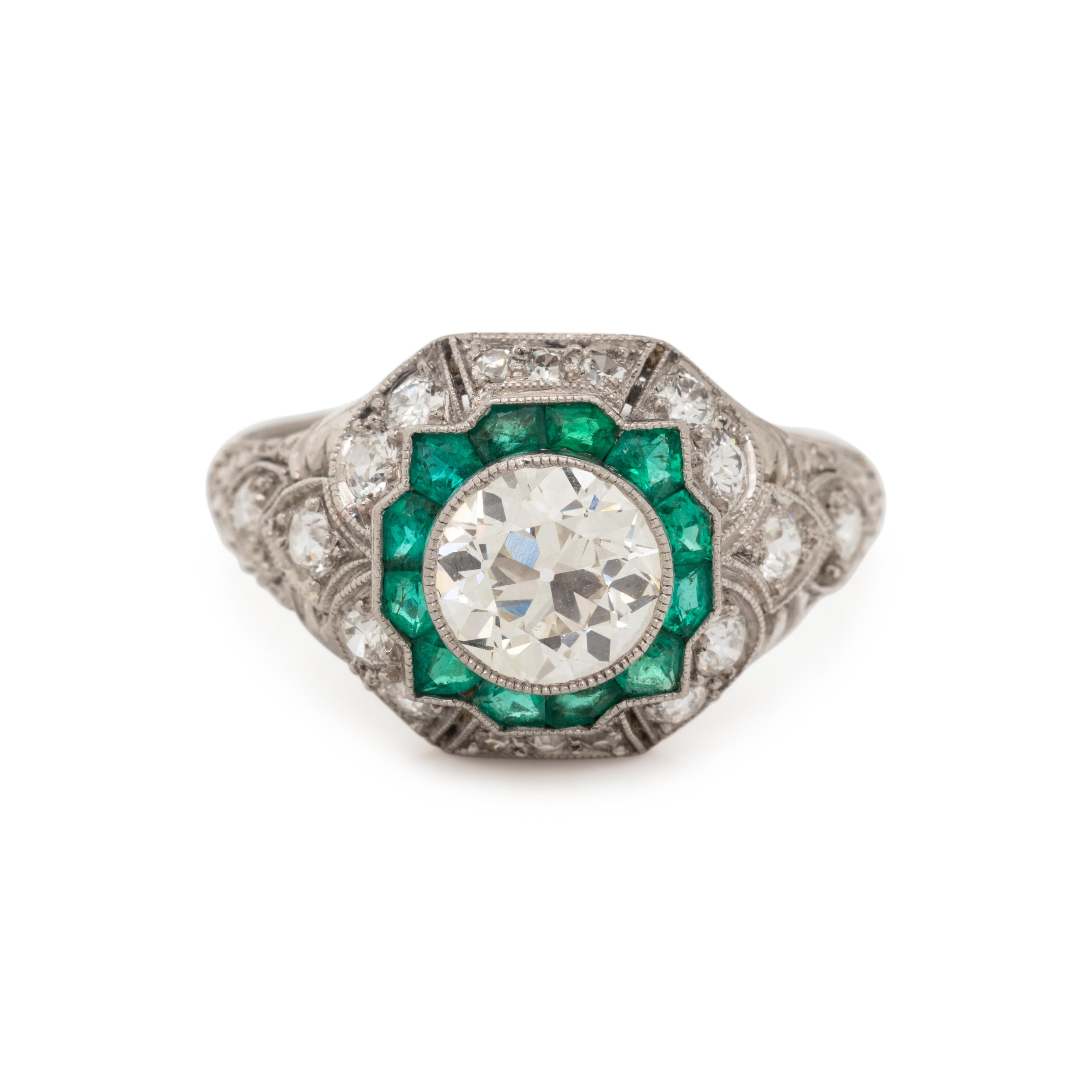 ART DECO, PLATINUM, DIAMOND AND EMERALD RING
