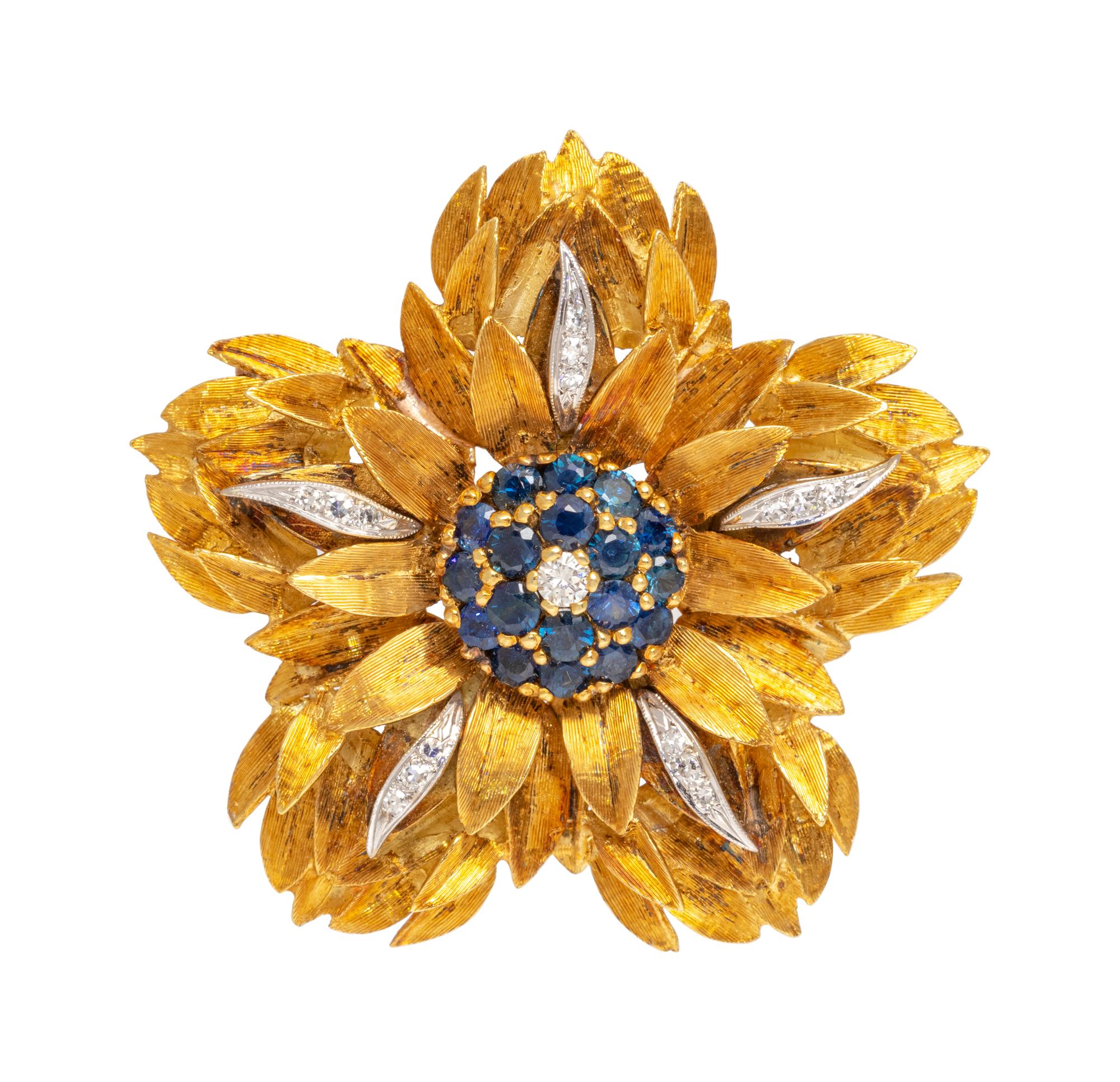 A Bicolor Gold, Sapphire and Diamond Flower Pendant/Brooch, Leon,