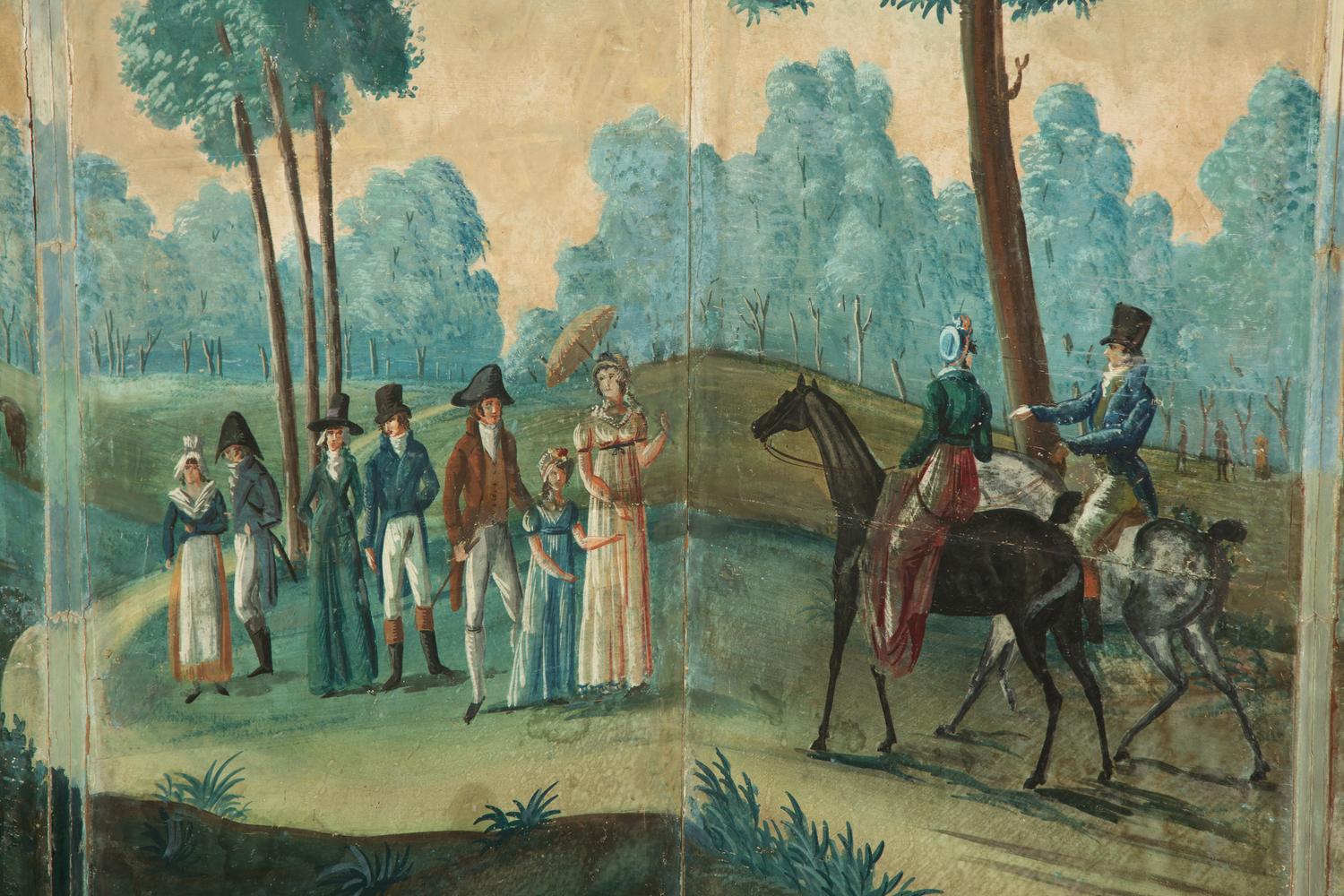 A French Painted Wallpaper Four-Panel Floor Screen