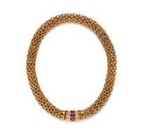 An 18 Karat Two Tone Gold, Tourmaline and Diamond Mesh Link Necklace, 80.60 dwts.