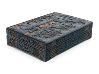 A Chinese Carved Green and Yellow Lacquered Rectangular Box and Cover