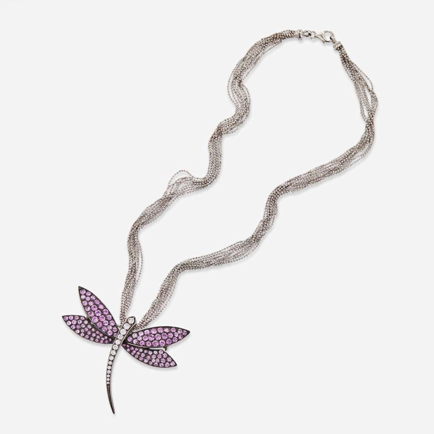A Gold, Diamond, and Pink Sapphire Dragonfly Necklace
