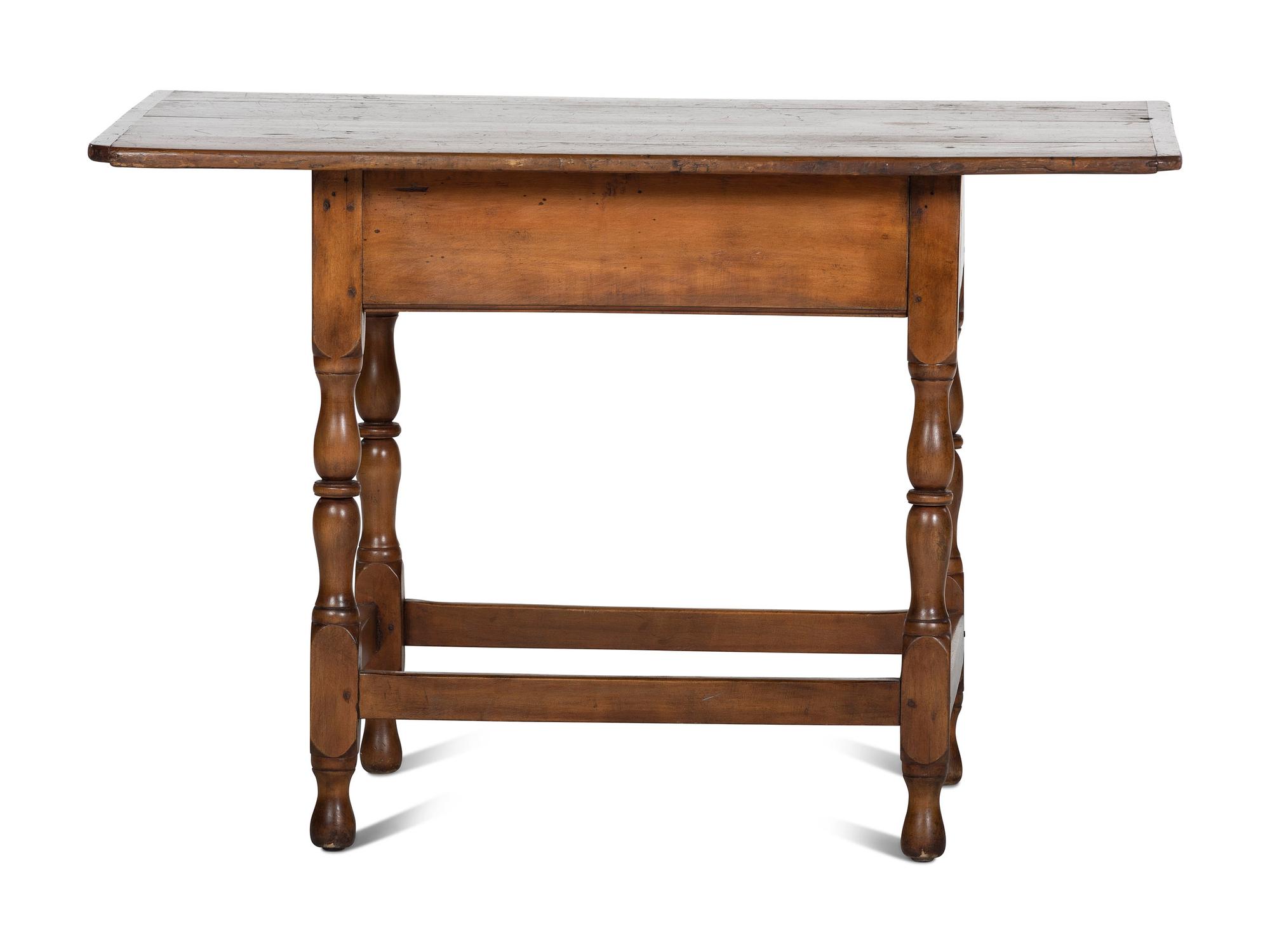 A William and Mary Pine and Maple One-Drawer Stretcher-Base Tavern Table