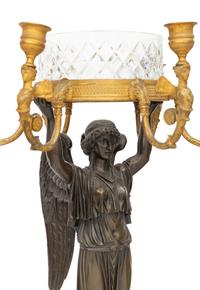 A Pair of Empire Style Gilt and Patinated Bronze and Cut Glass Six-Light Candelabra