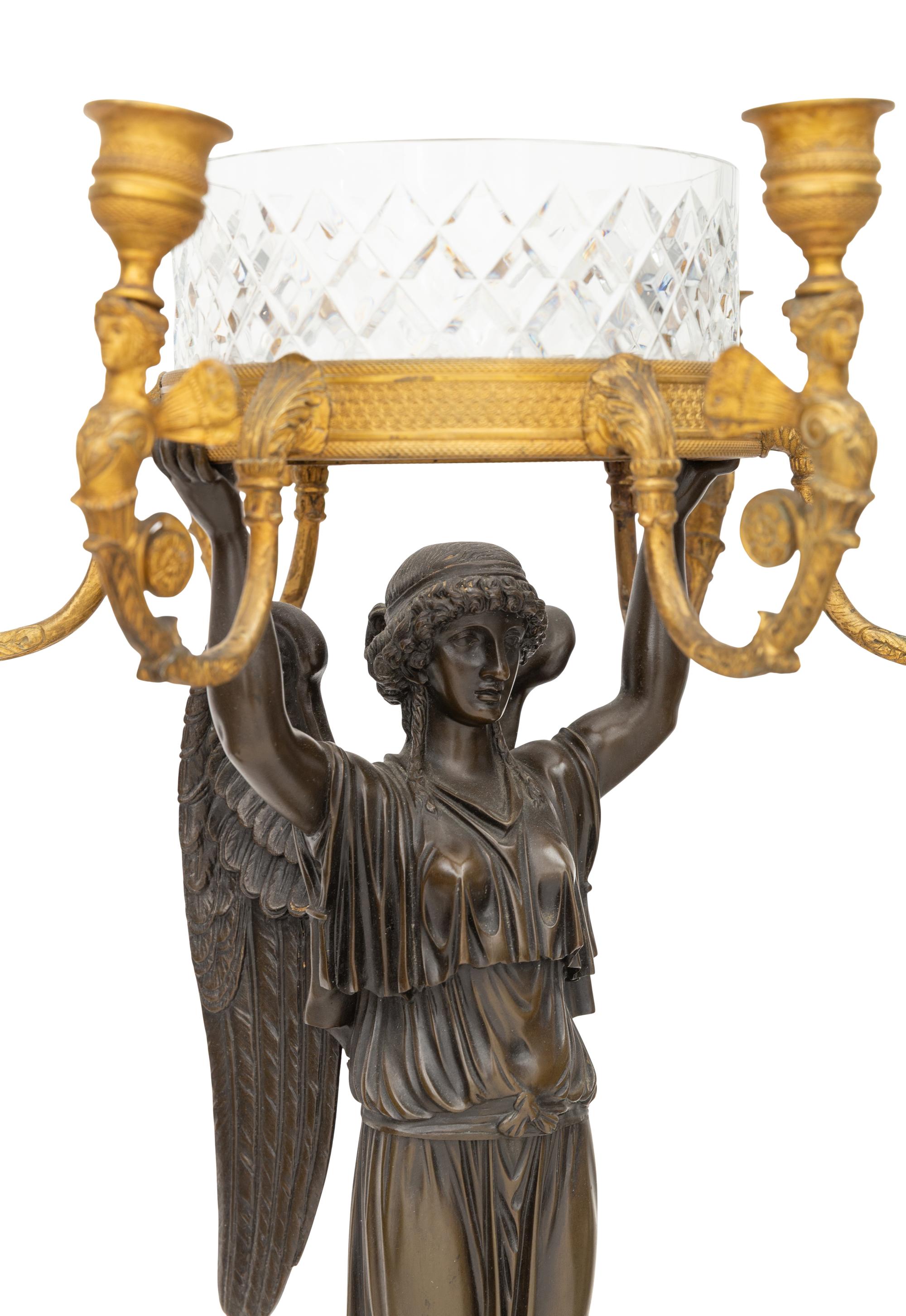 A Pair of Empire Style Gilt and Patinated Bronze and Cut Glass Six-Light Candelabra