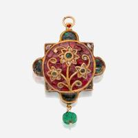 A high karat gold, Jaipur enamel, diamond, emerald, and ruby pendant