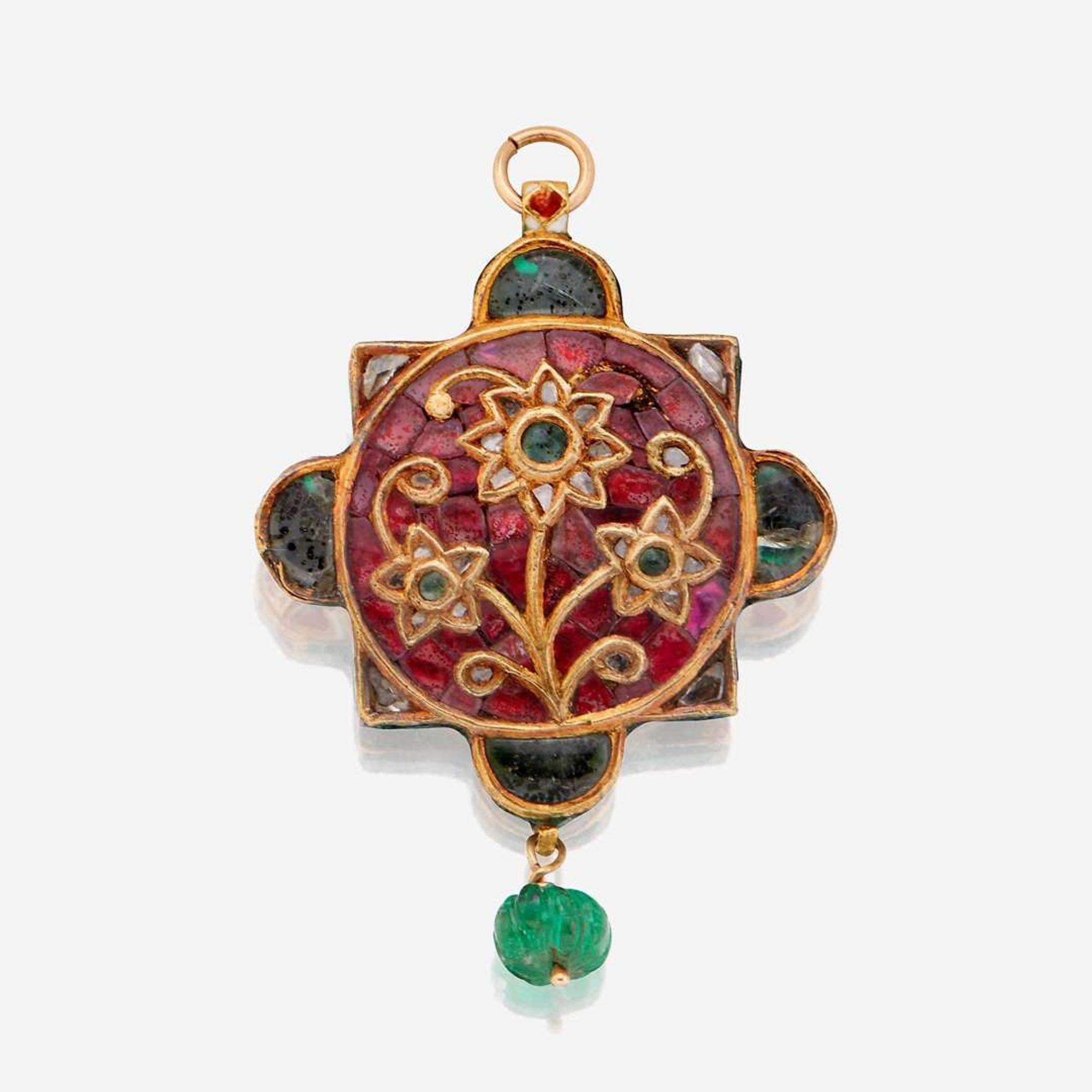 A high karat gold, Jaipur enamel, diamond, emerald, and ruby pendant